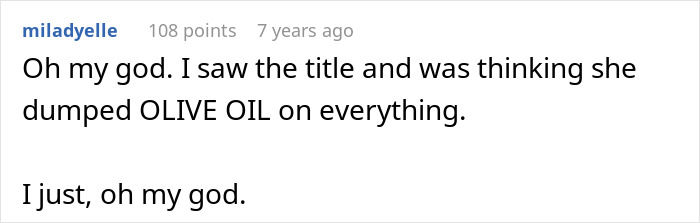 A comment about initially misunderstanding the MIL putting essential oils in holiday dishes as olive oil, highlighting the surprise. A comment about initially misunderstanding the MIL putting essential oils in holiday dishes as olive oil, highlighting the surprise.
