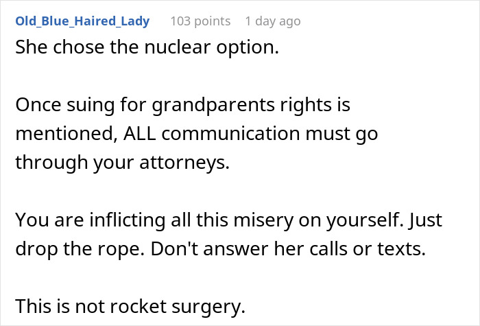 A social media comment stating that all communication should go through attorneys after a mom threatens to sue. A social media comment stating that all communication should go through attorneys after a mom threatens to sue.