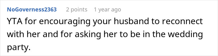 A Reddit comment criticizing for encouraging husband to reconnect with a woman in a scary fixation.