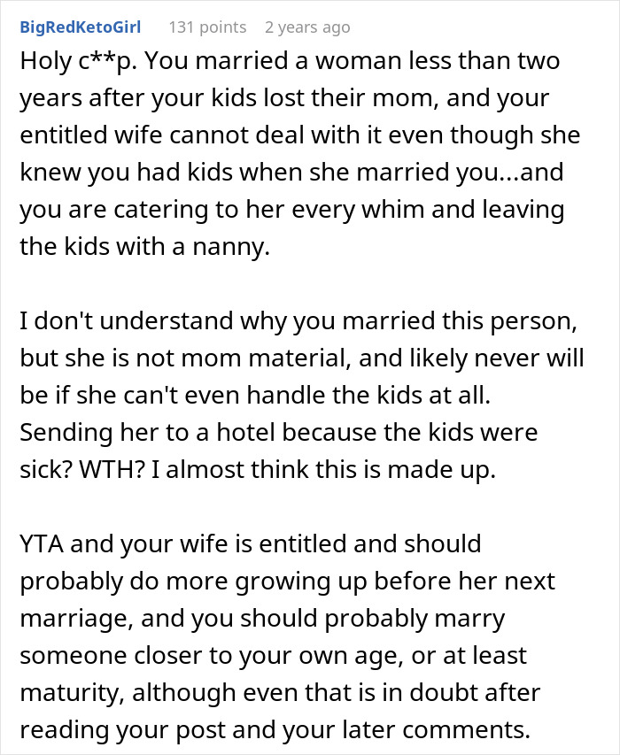 A comment from BigRedKetoGirl stating the new wife is not mom material and an entitled wife, leaving the kids with a nanny. A comment from BigRedKetoGirl stating the new wife is not mom material and an entitled wife, leaving the kids with a nanny.