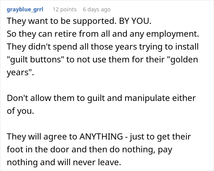 A comment about a couple buying their dream home, warning about mothers wanting to move in and be supported. A comment about a couple buying their dream home, warning about mothers wanting to move in and be supported.