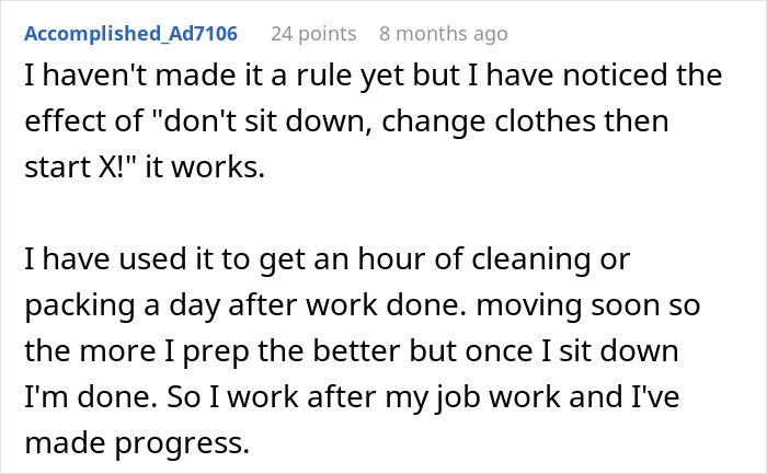 A screenshot of a person sharing a simple trick that changed their life by not sitting down immediately after work.