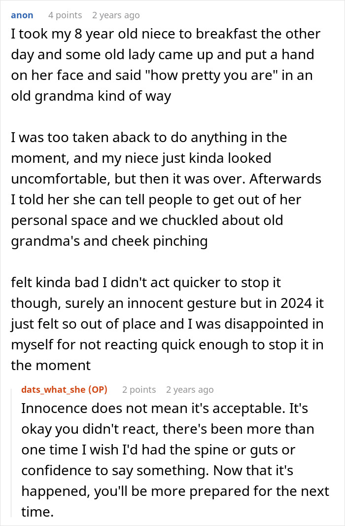 A screenshot of a Reddit comment detailing a boomer touching a child's face and the user's regret for not reacting. A screenshot of a Reddit comment detailing a boomer touching a child's face and the user's regret for not reacting.