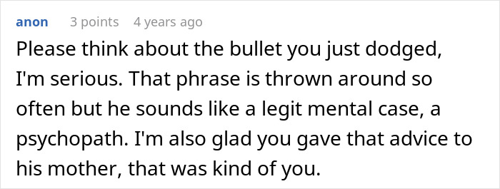 A screenshot of a comment advising to consider the boyfriend a mental case after his cruel prank. A screenshot of a comment advising to consider the boyfriend a mental case after his cruel prank.