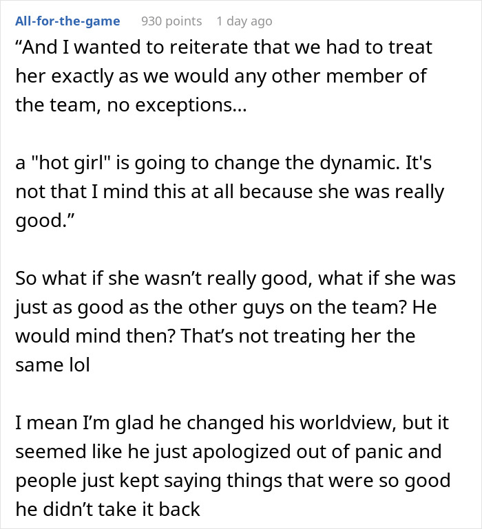 A comment reflecting on the airsoft leader's apology about the woman and the dress code, questioning its sincerity. A comment reflecting on the airsoft leader's apology about the woman and the dress code, questioning its sincerity.