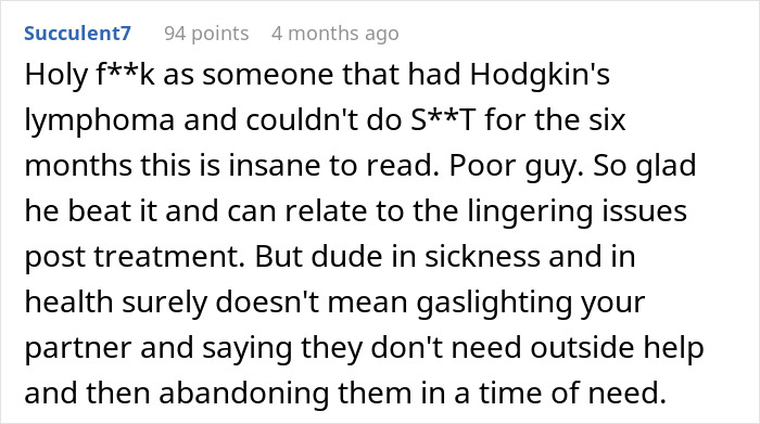 A comment on a post about a guy with cancer and his postpartum wife, from a Hodgkin's lymphoma survivor, criticizing the wife's actions.