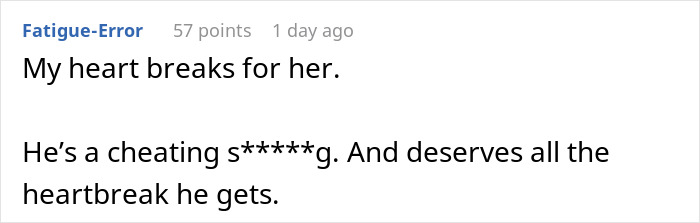 A Reddit comment expressing heartbreak and calling the guy who cheats on his pregnant wife a cheater. A Reddit comment expressing heartbreak and calling the guy who cheats on his pregnant wife a cheater.