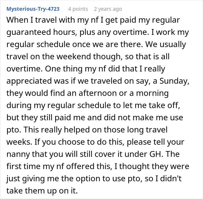 Screenshot of Reddit comments discussing a nanny's compensation for a family vacation.