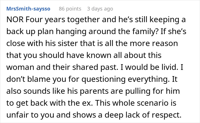 A comment detailing how unfair a backup plan scenario is for a woman rethinking her engagement.