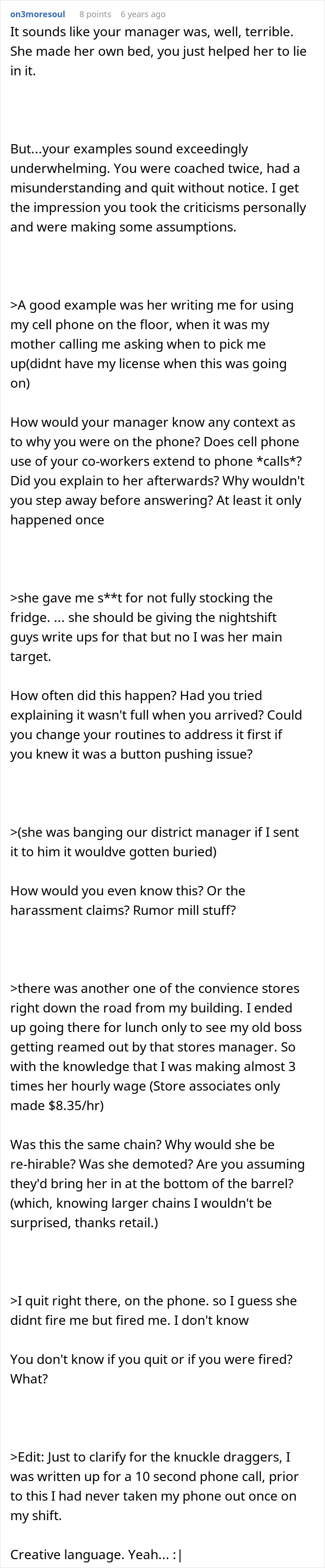 A long Reddit comment analyzing the situation from a third-party perspective about the manager and student worker.