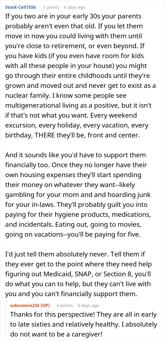 Screenshot of online comments discussing mothers wanting to move into a dream home. Screenshot of online comments discussing mothers wanting to move into a dream home.
