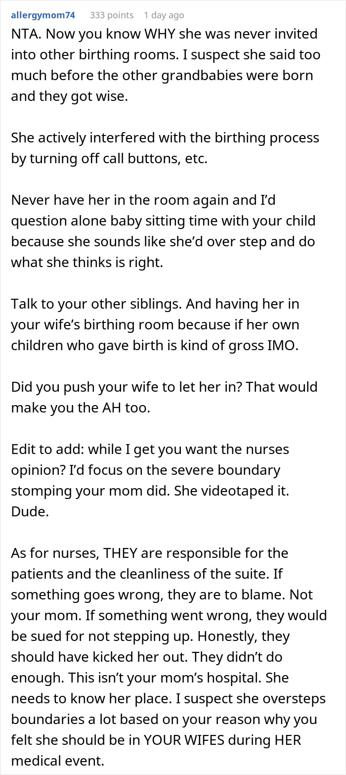 Reddit comment about a mom's inappropriate nurse mode during DIL's delivery and angry son's reaction.
