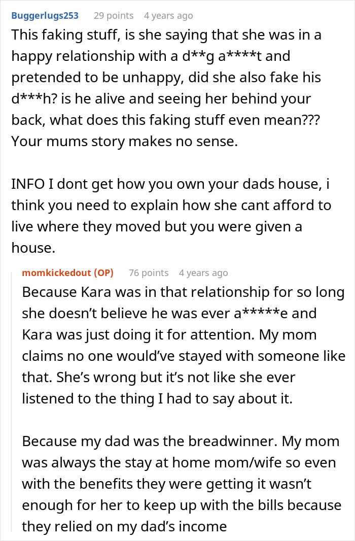 A screenshot of a Reddit thread where a man explains why he refused to house his mom, detailing her harassment of his wife.