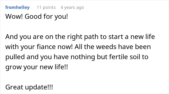A comment praising the user for starting a new life after their brother's wedding proposal attempt.