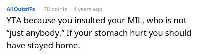 A social media comment about a woman refusing to eat at MIL's home, saying she insulted her MIL's cooking.