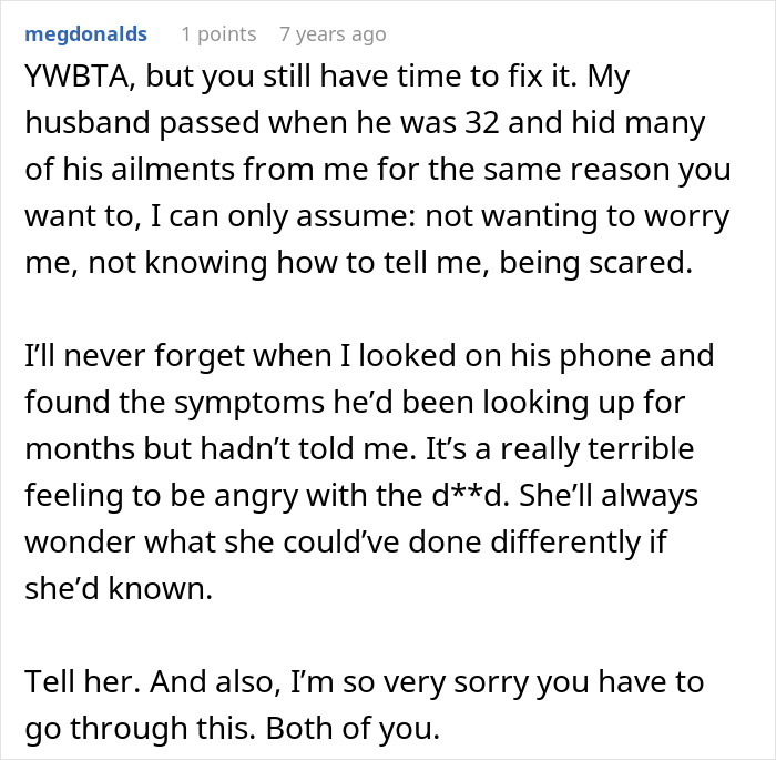 A Reddit comment sharing a personal story about a husband hiding sad news from his wife after a trip of a lifetime. A Reddit comment sharing a personal story about a husband hiding sad news from his wife after a trip of a lifetime.