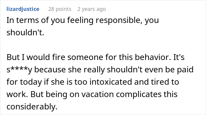 A comment from lizardjustice about a nanny's behavior ruining a family vacation.