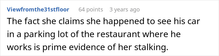 A screenshot shows a user comment discussing a cheating ex, highlighting claims of stalking and evidence.