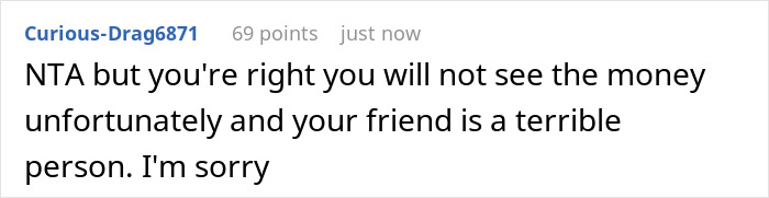 Screenshot of a Reddit comment, saying you will not see the money back from the cancelled wedding. Screenshot of a Reddit comment, saying you will not see the money back from the cancelled wedding.