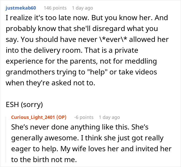 A screenshot of a reddit comment discussing a mom's nurse mode and behavior during DIL's delivery.