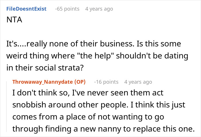 A Reddit post about a guy pursuing his friend's nanny, with a comment saying NTA. Friend's nanny, dark truth, creeps people out.