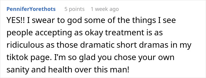 A Reddit comment applauding a GF for choosing her sanity after connecting the dots about a BF's crucial trip detail.