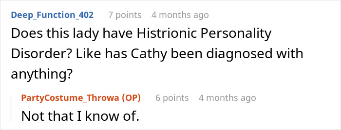 A Reddit comment asking about a diagnosis for the stepmom who hijacked a kid's birthday party. A Reddit comment asking about a diagnosis for the stepmom who hijacked a kid's birthday party.
