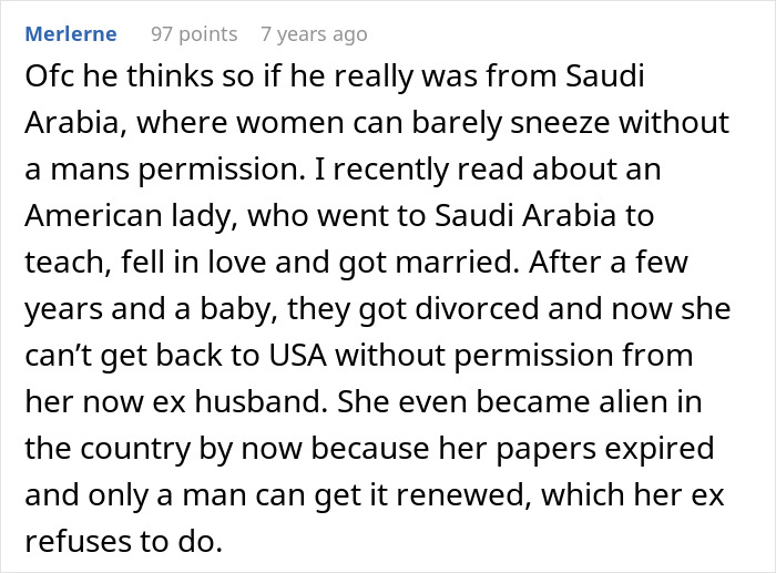 Screenshot of a comment discussing a Saudi dad refusing an Arctic tour led by a woman, highlighting women's rights in Saudi Arabia. Screenshot of a comment discussing a Saudi dad refusing an Arctic tour led by a woman, highlighting women's rights in Saudi Arabia.