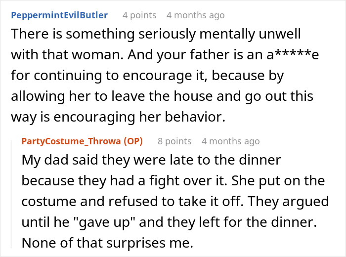 A Reddit comment about the stepmom's K-Pop character costume at the kid's birthday and her father's role. A Reddit comment about the stepmom's K-Pop character costume at the kid's birthday and her father's role.