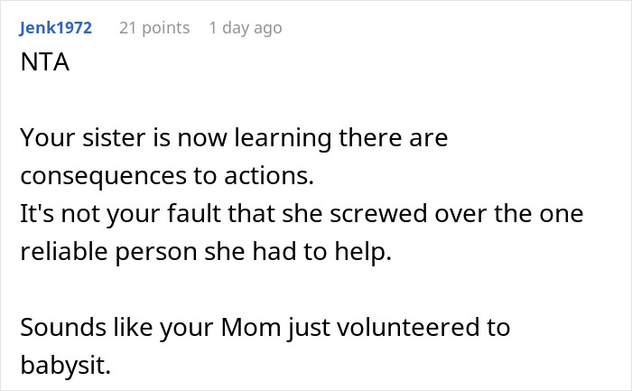 A screenshot of a comment about a single mom who lies to get her sister to babysit her kids. A screenshot of a comment about a single mom who lies to get her sister to babysit her kids.
