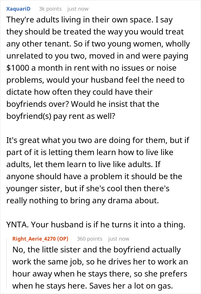 A Reddit comment discusses adult children, rent, and boyfriend staying over. The user questions charging rent to a daughter's boyfriend. A Reddit comment discusses adult children, rent, and boyfriend staying over. The user questions charging rent to a daughter's boyfriend.