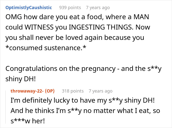 Comment on the aunt's insult at family dinner about the nephew's pregnant wife's weight and her response.