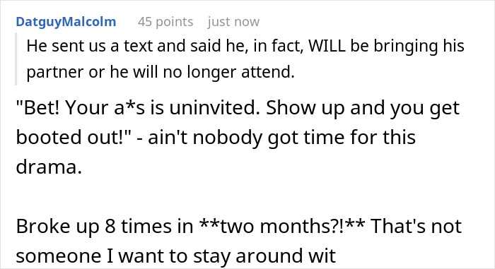 A comment about the groomsman insisting on bringing his toxic girlfriend to the wedding despite not being invited. A comment about the groomsman insisting on bringing his toxic girlfriend to the wedding despite not being invited.