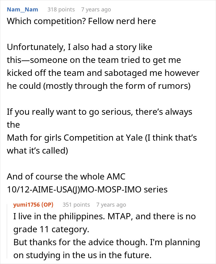 A screenshot of a comment section, with a user discussing math competitions for teenage girl. A screenshot of a comment section, with a user discussing math competitions for teenage girl.