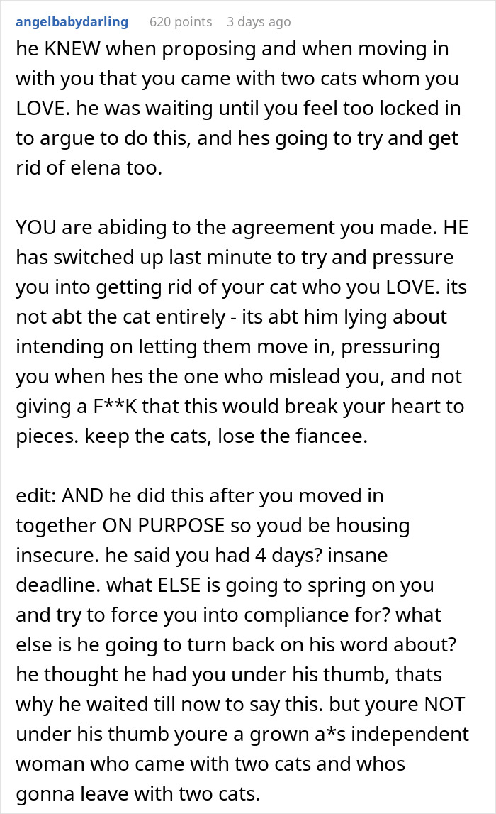 A comment advises a bride-to-be to keep her cat and end her engagement after a fiancé's ultimatum. A comment advises a bride-to-be to keep her cat and end her engagement after a fiancé's ultimatum.
