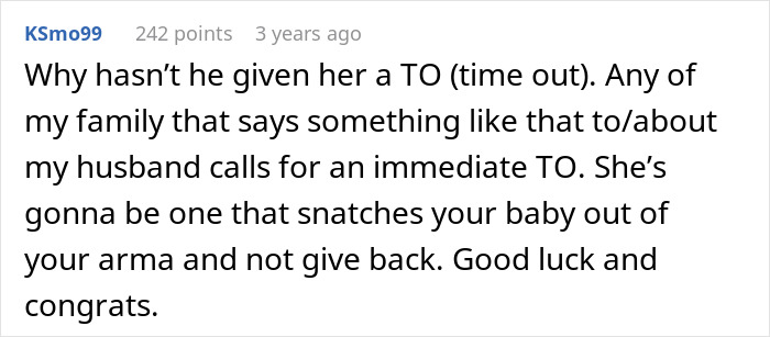 A comment on a post about an overbearing FMIL trying to snatch a baby name announcement, suggesting a time out. A comment on a post about an overbearing FMIL trying to snatch a baby name announcement, suggesting a time out.