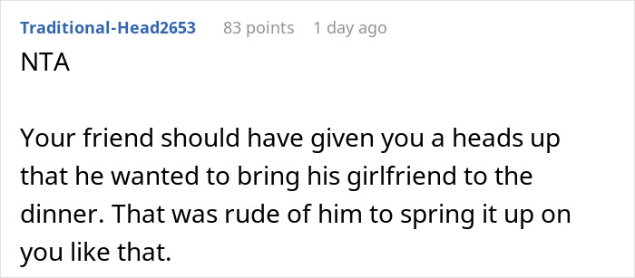 A comment stating NTA and that the friend should have given a heads-up about the girlfriend, relating to the free steak and lobster dinner incident. A comment stating NTA and that the friend should have given a heads-up about the girlfriend, relating to the free steak and lobster dinner incident.