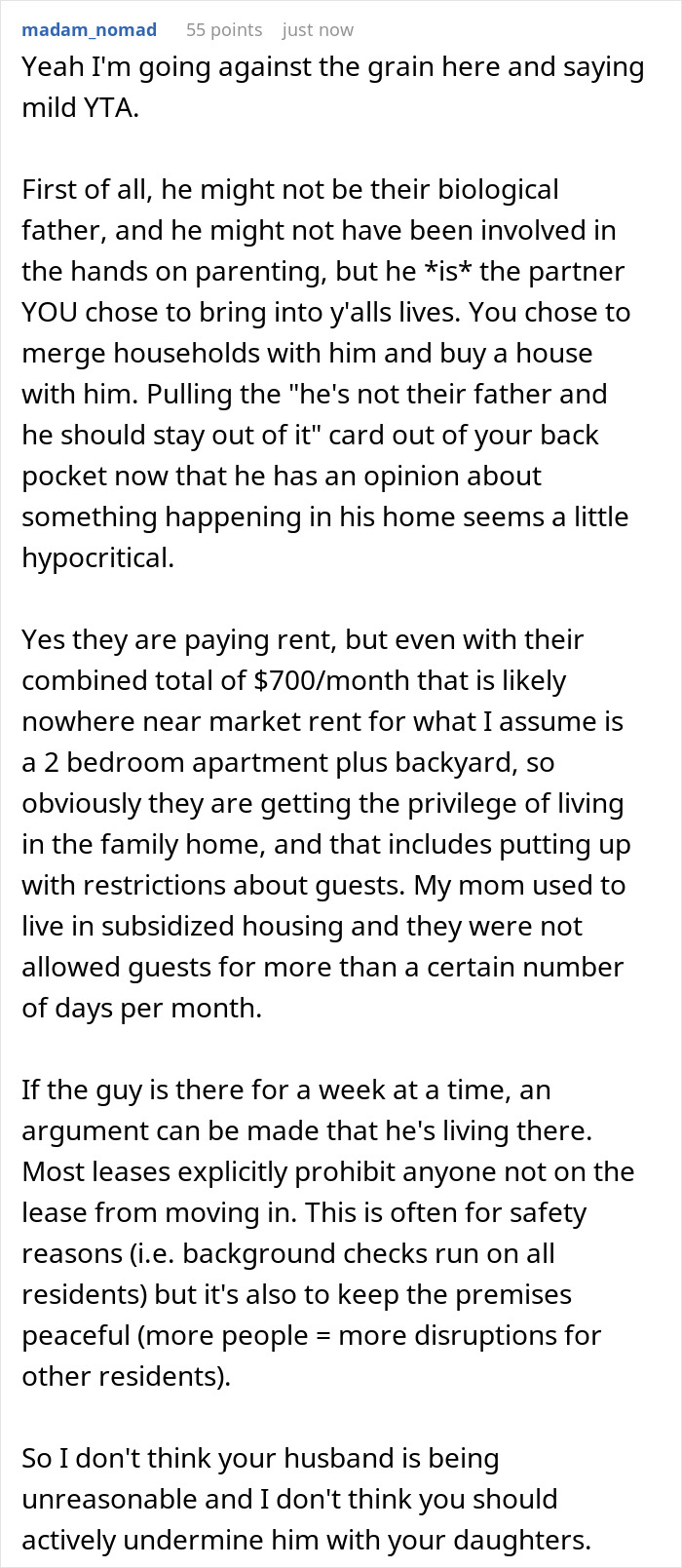 A screenshot of a Reddit comment, arguing the husband is not unreasonable for wanting to charge rent for the daughter's boyfriend. A screenshot of a Reddit comment, arguing the husband is not unreasonable for wanting to charge rent for the daughter's boyfriend.