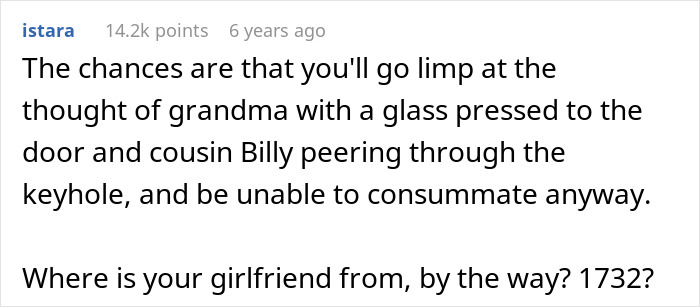 A Reddit comment humorously suggesting potential performance anxiety due to the wedding night bed sheet tradition.