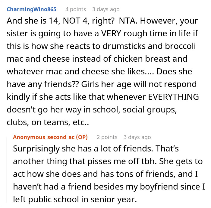 A Reddit comment from CharmingWino865 about a teen sister's reactions to food and the birthday dinner disaster.