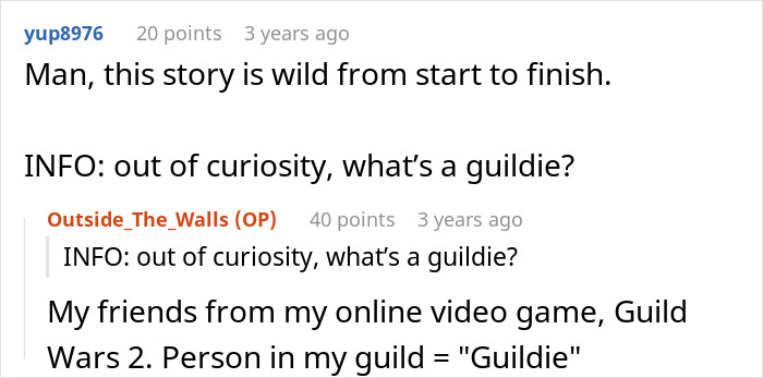 An online comment explaining 'guildie' in context of an aunt demanding housing unannounced.