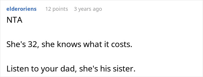 A man denies his aunt asking him money, noting she is 32 and knows the costs. A man denies his aunt asking him money, noting she is 32 and knows the costs.