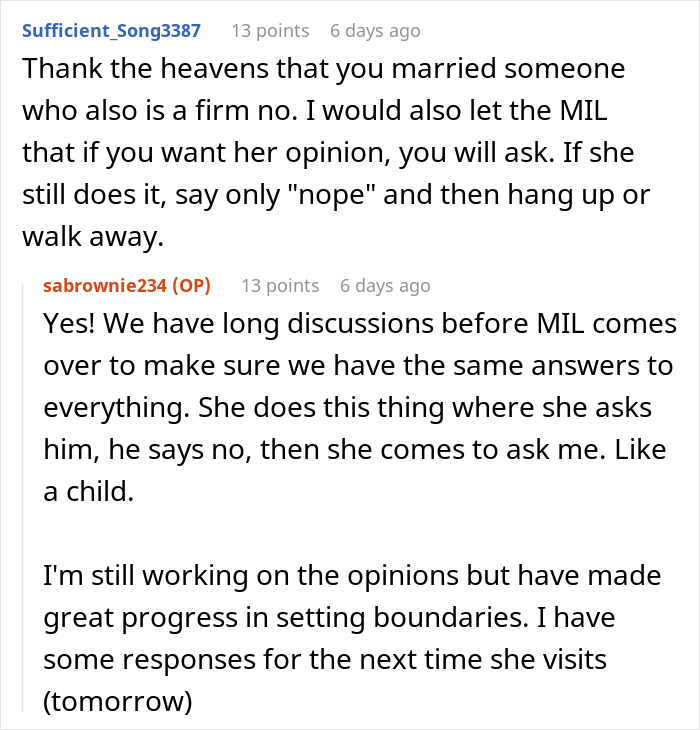 A Reddit comment thread discussing setting boundaries with mothers who want to move in and their unsolicited opinions. A Reddit comment thread discussing setting boundaries with mothers who want to move in and their unsolicited opinions.