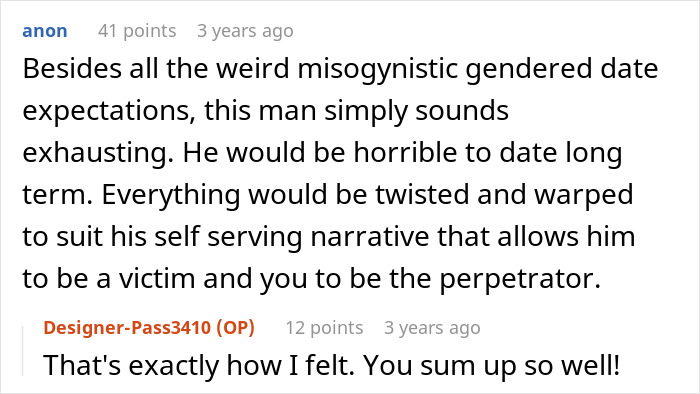 A Reddit comment highlighting a guy canceling a date based on a theory from a woman's Instagram. A Reddit comment highlighting a guy canceling a date based on a theory from a woman's Instagram.