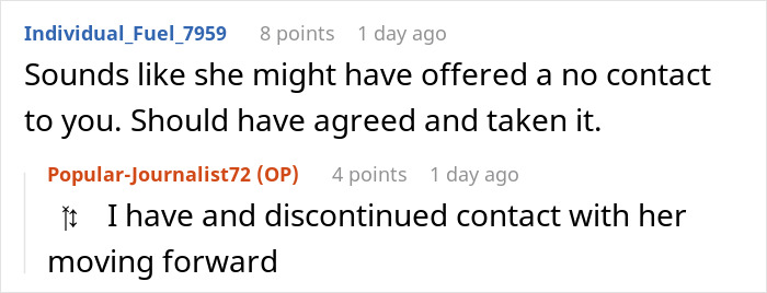 A Reddit comment screenshot advising a daughter on handling her delusional mom's threats to sue. A Reddit comment screenshot advising a daughter on handling her delusional mom's threats to sue.
