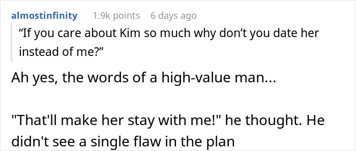 A Reddit comment discussing a man's poor reasoning after deleting a woman's phone app, thinking it would make her stay. A Reddit comment discussing a man's poor reasoning after deleting a woman's phone app, thinking it would make her stay.