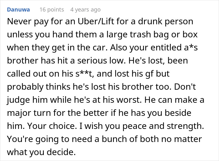A comment discusses helping the entitled brother who has lost his girlfriend and hit a low, urging support despite his losses.