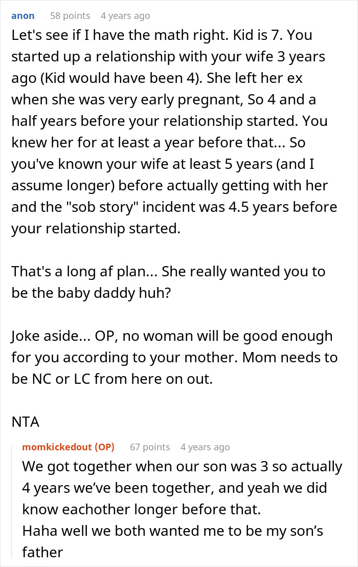 A screenshot of a Reddit comment section discussing a man's refusal to house his mom after her harassment of his wife.