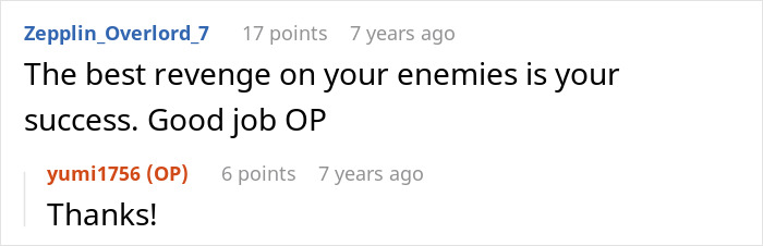 A comment praising the teenage girl's success as revenge against sexist remarks. A comment praising the teenage girl's success as revenge against sexist remarks.