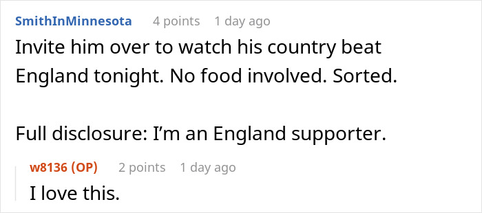 A screenshot of a comment suggesting inviting a boyfriend over without a dinner table meal. A screenshot of a comment suggesting inviting a boyfriend over without a dinner table meal.